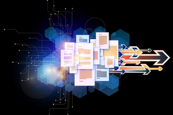 Overlapping documents on a dark background accentuated with arrows