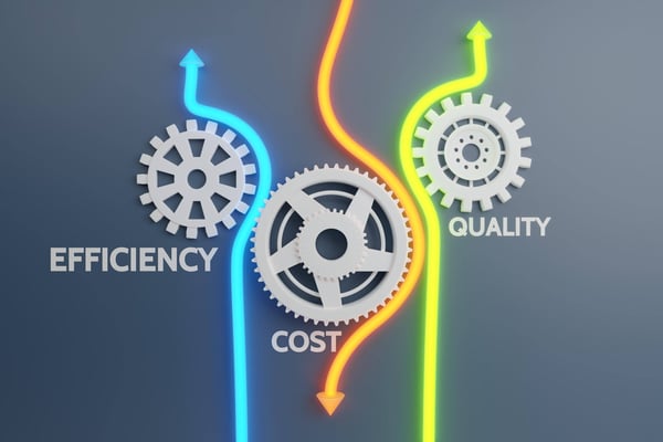 Illustration with the words efficiency, quality, and cost superimposed on colorful arrows