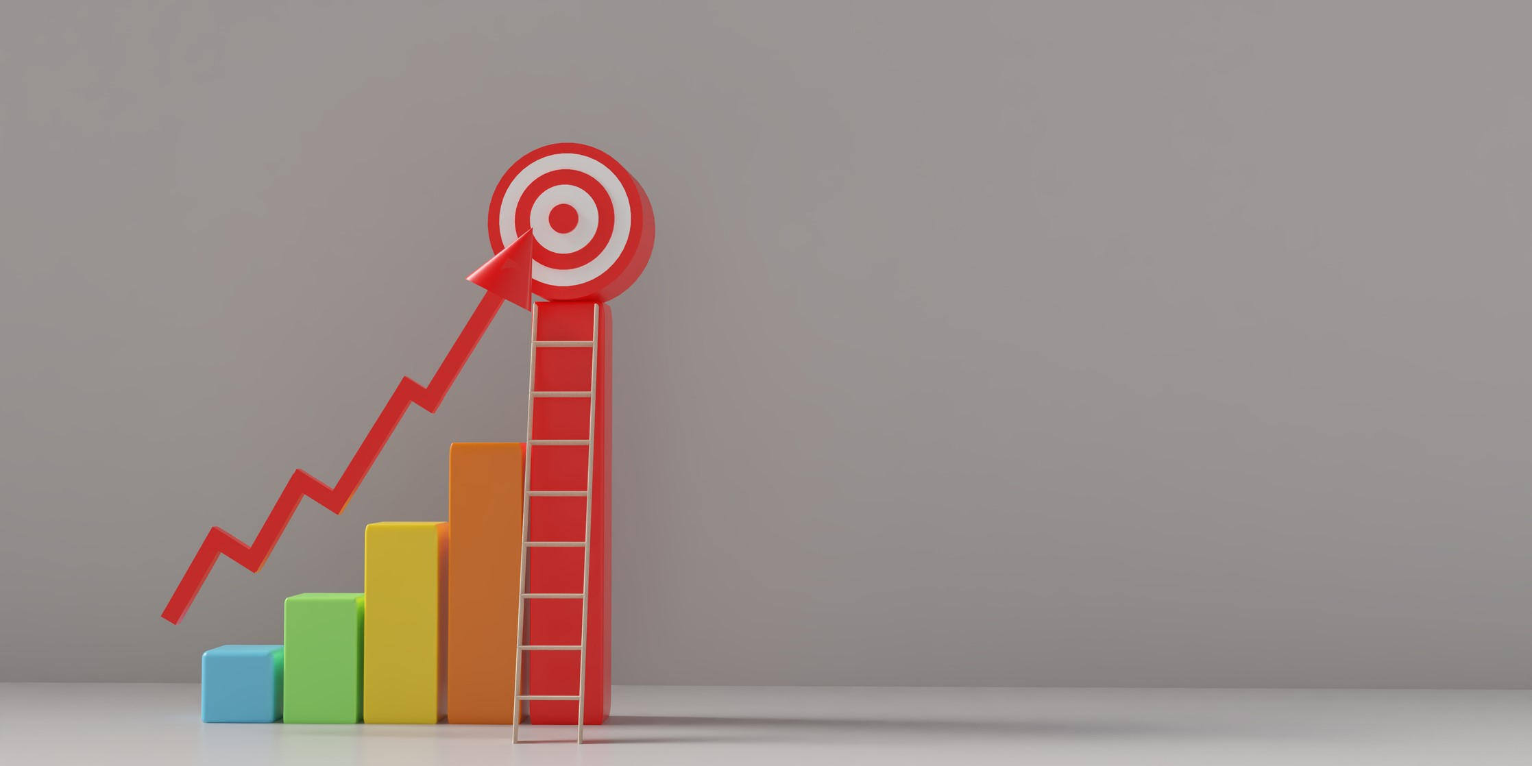 Red arrow points to a target at the top of a ladder represents a company meeting business goals