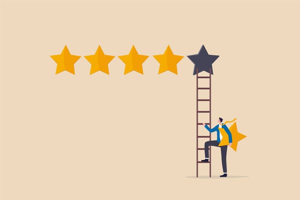 Illustration of a man on ladder hanging up a fifth star in a row of four stars