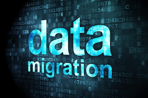 The words data migration in light blue on a dark blue background
