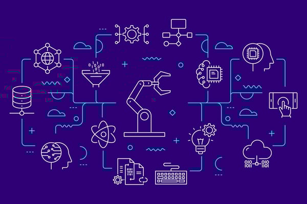 Machine learning and AI technology related images in white on a purple background