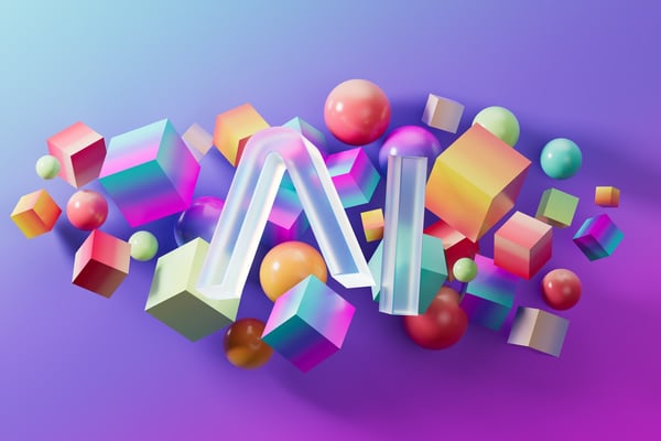 Artificial intelligence concept with AI superimposed over colorful blocks and orbs