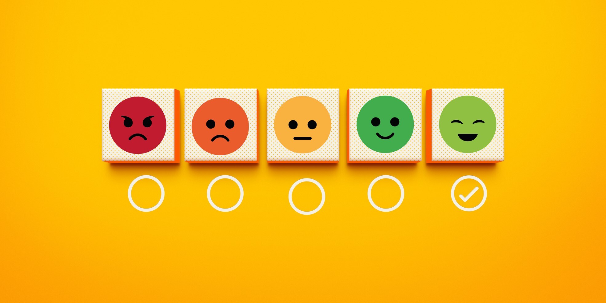 A photo featuring customer satisfaction emojis displayed on individual squares. Below the squares is a check mark, indicating that the most positive, smiling emoji has been selected.