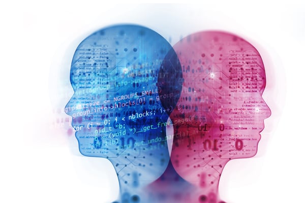 Drawing of Blue and pink men in silhouette overlayed with code and network symbols showing them as different but alike