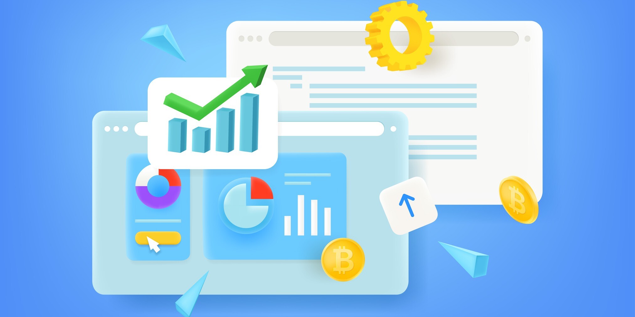 Various financial charts on a bright blue background
