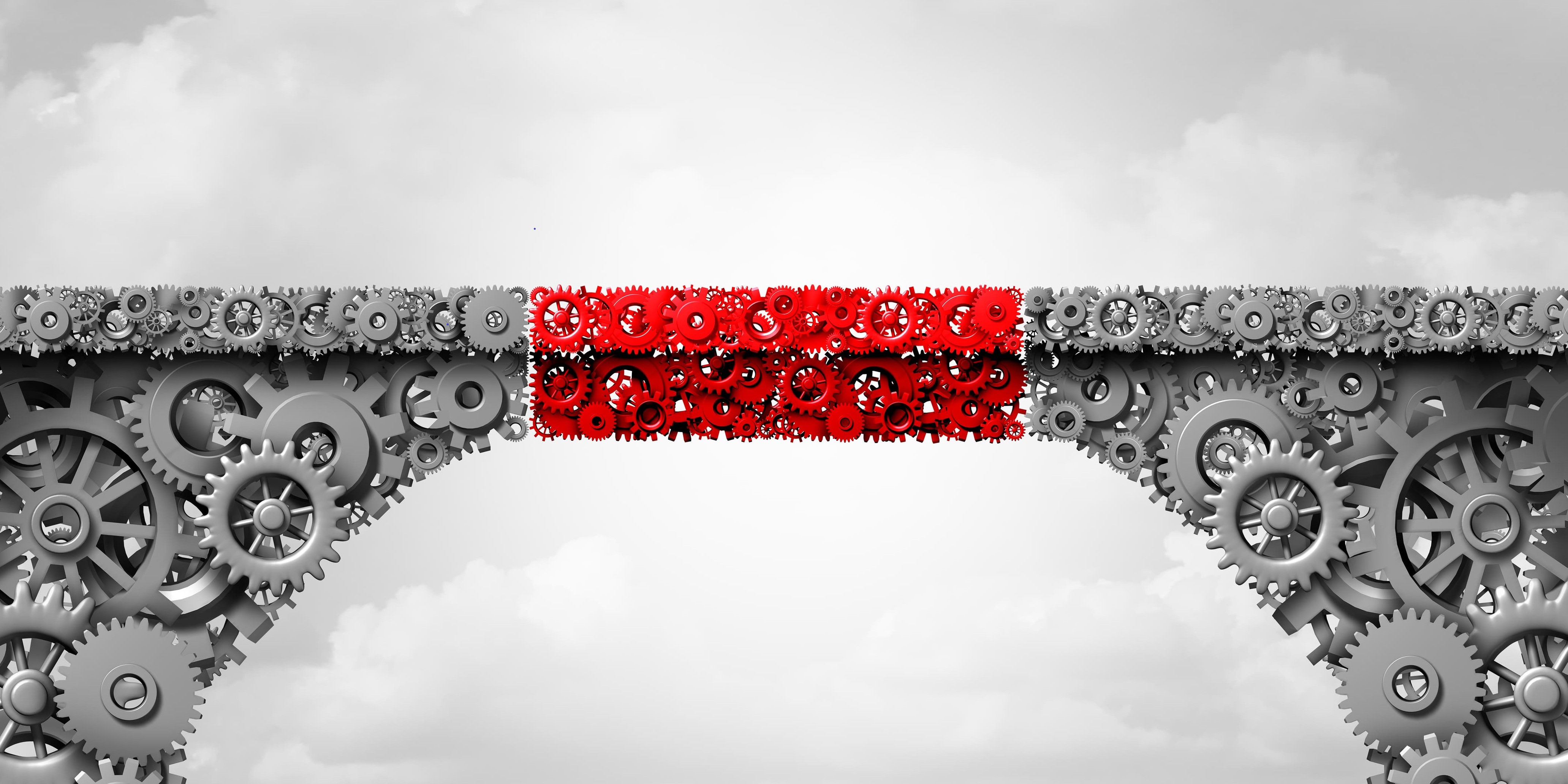An illustration of a bridge made of gears. The gears are gray, except for the middle section which is red. This represents the concept that document management includes records management.