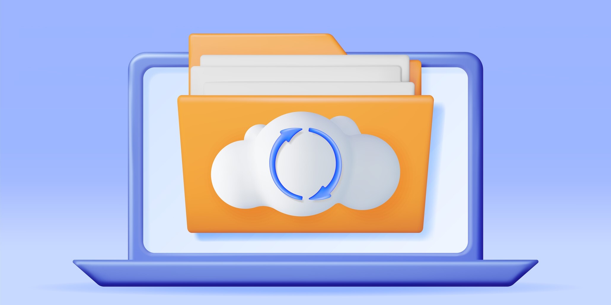 Folder with a white cloud on it with file sync icon on it shown on a laptop screen