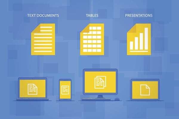 Different types of documents with electronic devices below them on blue background