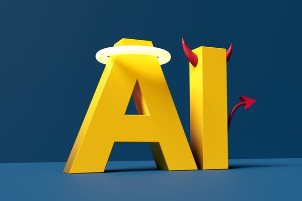 The acronym AI with angel halo and devils horn and tail on blue background representing the ethical AI concept.