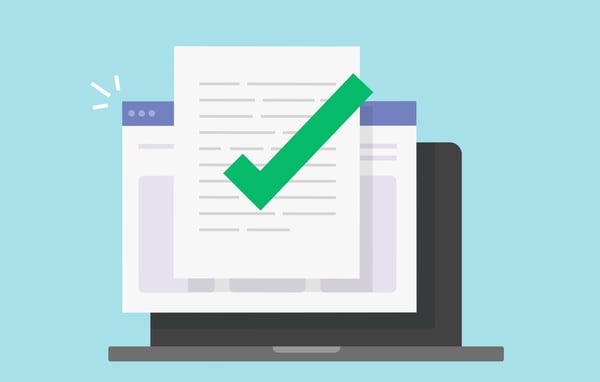 Form on computer with green check mark that represents the form has been filled out and submitted