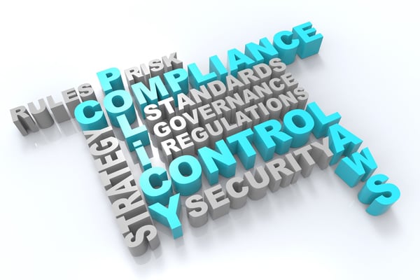 A gray and turquoise word cloud that features compliance-related terms