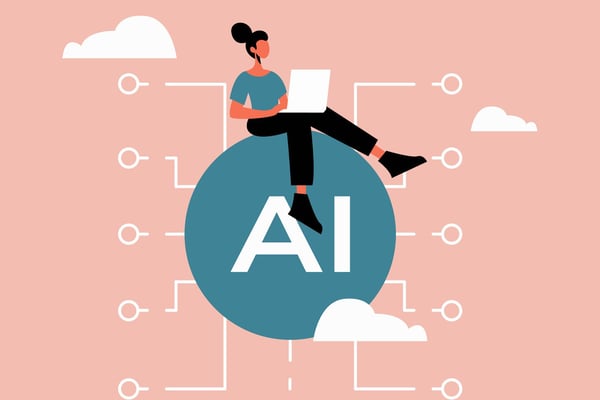 his illustration depicts a woman with a laptop sitting on an  AI symbol, representing the concept of digital technology