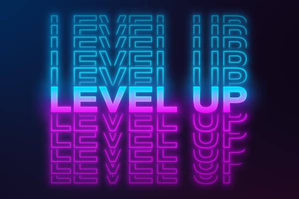 Illustration with the overlapping words level up in light blue on a dark blue background