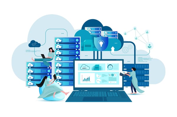 Illustration in different shades of blue that shows people working around a large laptop and images of clouds