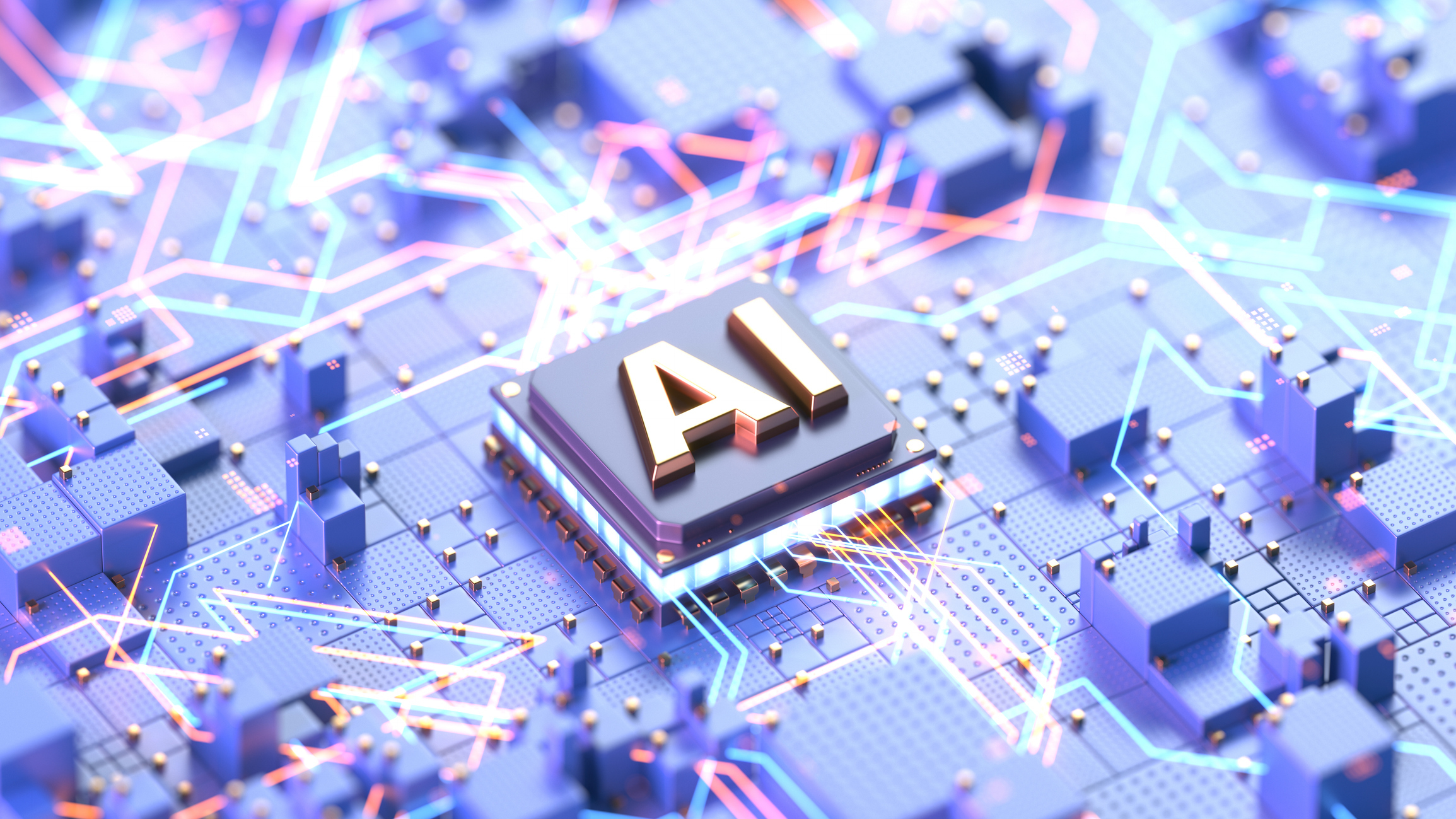 Close up of an AI chip on a futuristic circuit board, highlighting artificial intelligence and digital connections