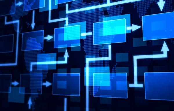 Diagrama de flujo de trabajo azul claro sobre fondo azul oscuro
