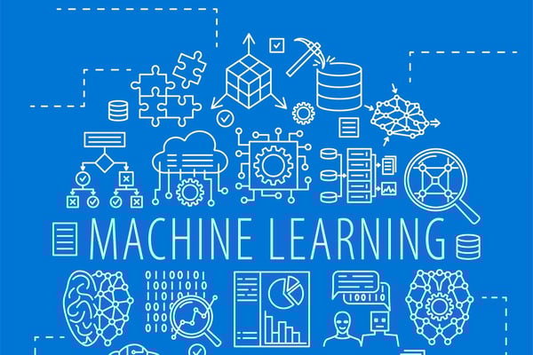 Machine learning in white letters on a blue background
