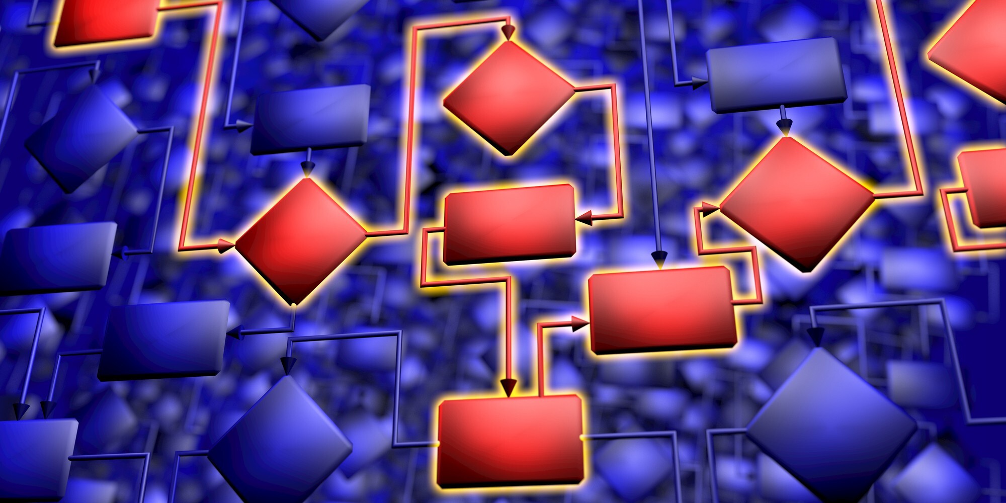 Workflow diagram made up of red boxes on a blue background represents a decision algorithm