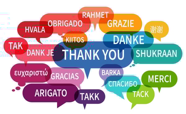 Colorful image that features the words for thank you in multiple languages