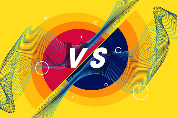 The letters Vs which represent the concept versus superimposed over two half circles on a bright yellow background